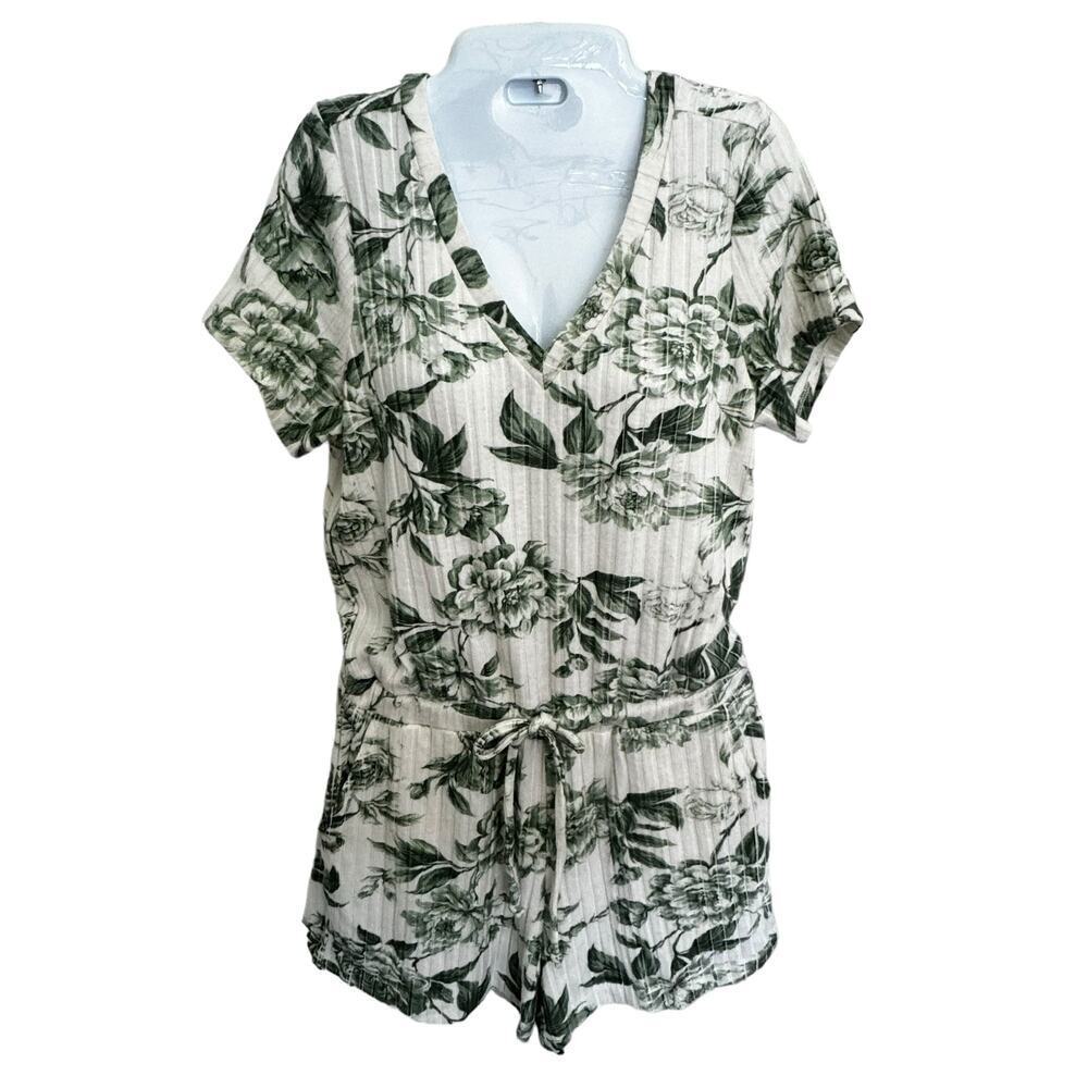 New Chaser Poor Boy Ribbed Double-V Shorts Romper Green/Ivory Topical Print M - Picture 6 of 10